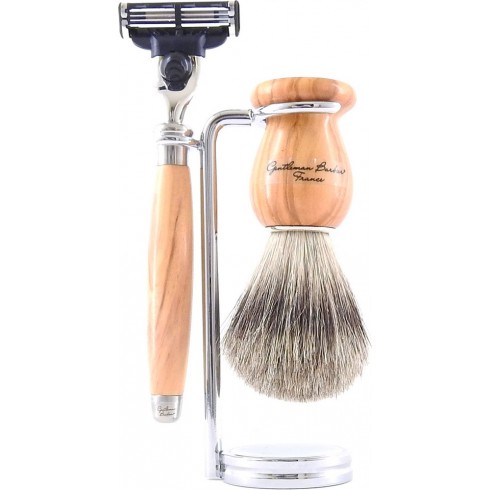 photo de Set de rasage 3 pièces Bois d'Olivier - Blaireau poil gris - rasoir Mach3 (M3POLPB12) Gentleman Barbier photo de Set de rasage 3 pièces Bois d'Olivier - Blaireau poil gris - rasoir Mach3 (M3POLPB12) Gentleman Barbier