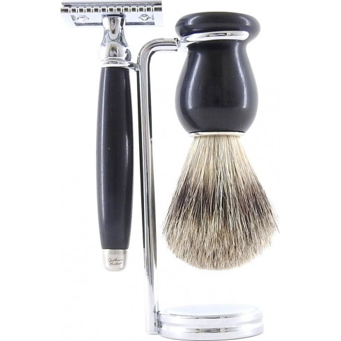 photo de Set de rasage 3pièces Bois d’Ébène noir - Blaireau poil blanc - rasoir sécurité (S3PSEBPB12) Gentleman Barbier photo de Set de rasage 3pièces Bois d’Ébène noir - Blaireau poil blanc - rasoir sécurité (S3PSEBPB12) Gentleman Barbier