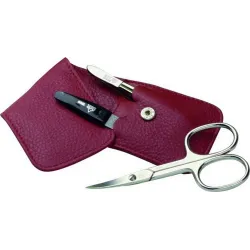 photo de Etui manucre cuir rouge avec ciseaux+lime+pince à épiler acier de Solingen ERBE
