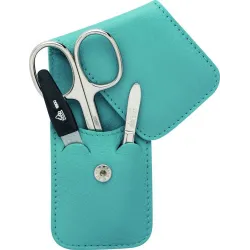 photo de Etui manucre cuir bleu pâle, ciseaux, lime, pince à épiler acier Solingen ERBE