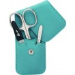photo de Etui manucre cuir bleu pâle, ciseaux, lime, pince à épiler acier Solingen ERBE