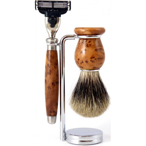 Set rasage Bois de Thuya Gentleman Barbier, Blaireau poil Pure Badger gris, rasoir Mach3 Set rasage Bois de Thuya Gentleman Barbier, Blaireau poil Pure Badger gris, rasoir Mach3