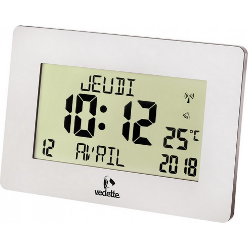 Pendule Fonctionnelle cadre rectangulaire argenté radio-piloté jour&date VEDETTE Pendule Fonctionnelle cadre rectangulaire argenté radio-piloté jour&date VEDETTE