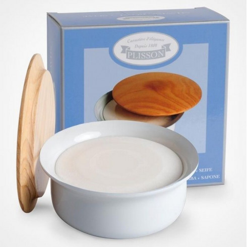 Bol à barbe PLISSON en porcelaine de Limoges + Savon, couvercle en bois Bol à barbe PLISSON en porcelaine de Limoges + Savon, couvercle en bois