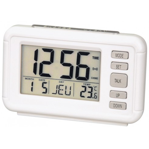 Réveil LCD Parlant blanc nacré, très grand affichage VEDETTE. Réveil LCD Parlant blanc nacré, très grand affichage VEDETTE.