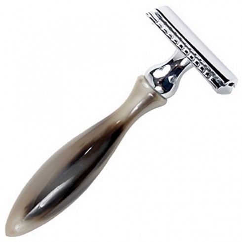 Rasoir Sûreté à manche en corne blonde, ouverture totale, peigne fermé Rasoir Sûreté à manche en corne blonde, ouverture totale, peigne fermé