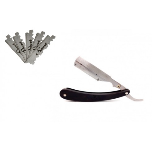 Pack Shavette à manche en ébène, lame droite LORDSON & Boîte de 5 demi lames Super Stainless SHARK Pack Shavette à manche en ébène, lame droite LORDSON & Boîte de 5 demi lames Super Stainless SHARK