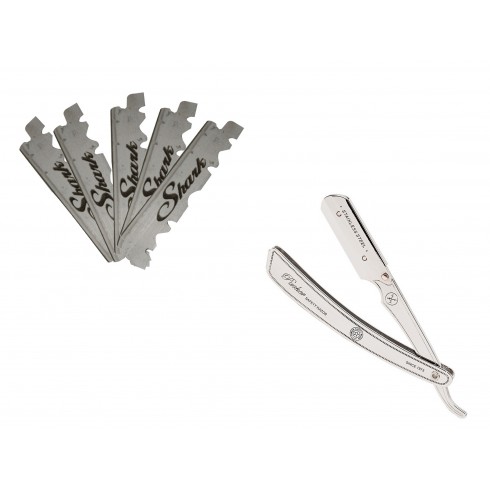 Pack Shavette manche inox lame droite PARKER & Boîte de 5 demi lames Super Stainless SHARK Pack Shavette manche inox lame droite PARKER & Boîte de 5 demi lames Super Stainless SHARK