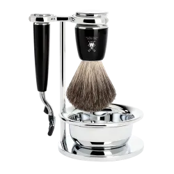Ensemble de rasage Gillette Mach3 MÜHLE RYTMO 4 pièces bol, blaireau résine noire pur poil noir