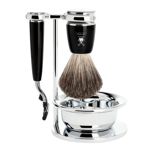 Ensemble de rasage Gillette Mach3 MÜHLE RYTMO 4 pièces bol, blaireau résine noire pur poil noir