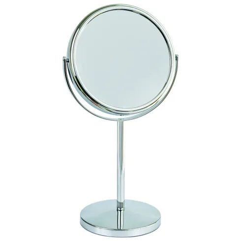 Miroir sur pied rond chromé, grossissement X 7, diamètre 17.5 cm