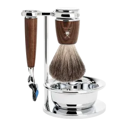 Ensemble de rasage Gillette Fusion MÜHLE RYTMO 4 pièces blaireau frêne étuvé pur poil noir, bol