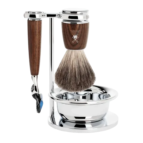 Ensemble de rasage Gillette Fusion MÜHLE RYTMO 4 pièces blaireau frêne étuvé pur poil noir, bol