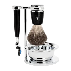 Ensemble de rasage Gillette Fusion MÜHLE RYTMO 4 pièces blaireau résine noire pur poil noir, bol