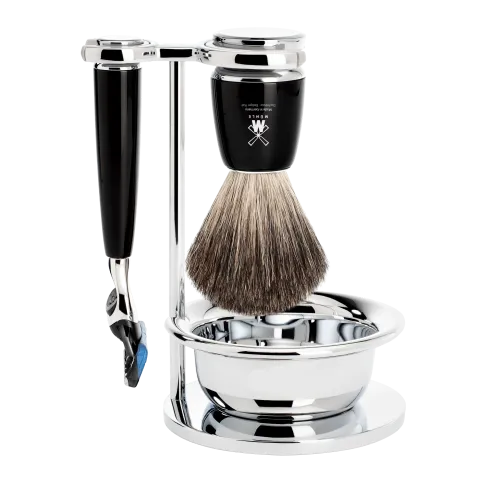 Ensemble de rasage Gillette Fusion MÜHLE RYTMO 4 pièces blaireau résine noire pur poil noir, bol