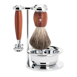 Ensemble de rasage sécurité MÜHLE VIVO 4 pièces blaireau bois de prunier pur poil noir, bol