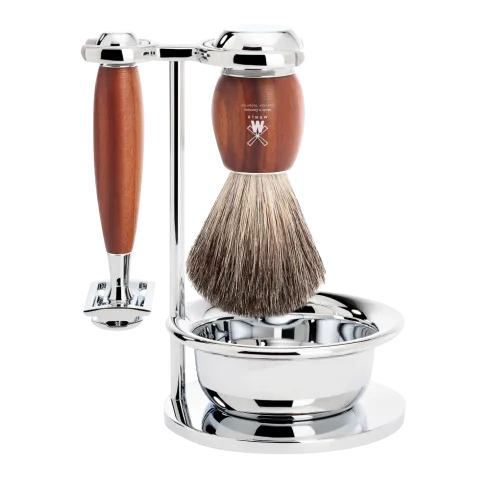 Ensemble de rasage sécurité MÜHLE VIVO 4 pièces blaireau bois de prunier pur poil noir, bol