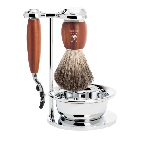 Ensemble de rasage Gillette Mach3 MÜHLE VIVO 4 pièces blaireau bois de prunier pur poil noir, bol