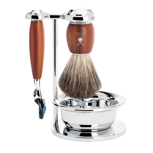 Ensemble de rasage Gillette Fusion MÜHLE VIVO 4 pièces blaireau bois de prunier pur poil noir, bol