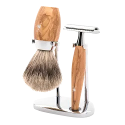 Ensemble de rasage sécurité 3 pièces Mühle KOSMO bois d'olivier blaireau Pur gris