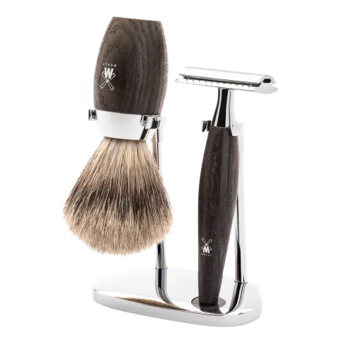Ensemble de rasage sécurité 3 pièces Mühle KOSMO bois de Chêne fossilisé Pur gris