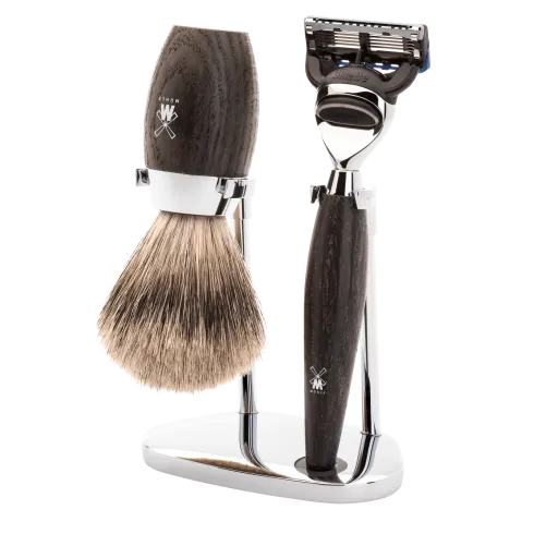 Ensemble de rasage Gillette Fusion 3 pièces Mühle KOSMO bois de Chêne fossilisé Pur gris